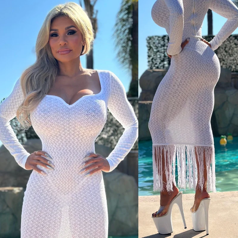 Loyalty Reward comfy maxi dressConnie's LIMITED "RICH PRINCESS WHITE STRETCH KNIT Midi 🍸" Stretch Semi See thru knit with Long Fringe Hem accent