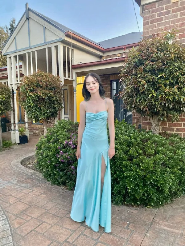 Flash Sale classic fit-and-flare dressSimple Spaghetti Straps Prom Dress With Split,Trendy Evening Gown Y6365