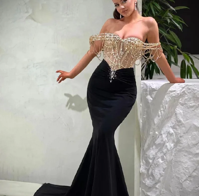The Best Prices flowy maxi dressSexy Mermaid Black Prom Dresses For Women Sweetheart Off Shoulder Cocktail Dresses Crystals Evening Gown Vestidos De Cóctel