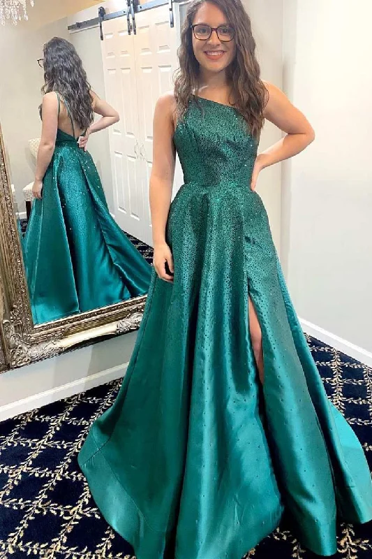 Take Advantage silk dressOne Shoulder Green A-line Long Formal Dress