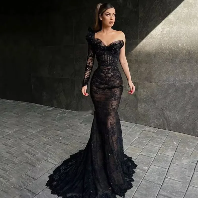 boho dressElegant Long Black Mermaid Prom Dress One Sleeve Sweetheart Lace Evening Gowns Party Graduation Dresses