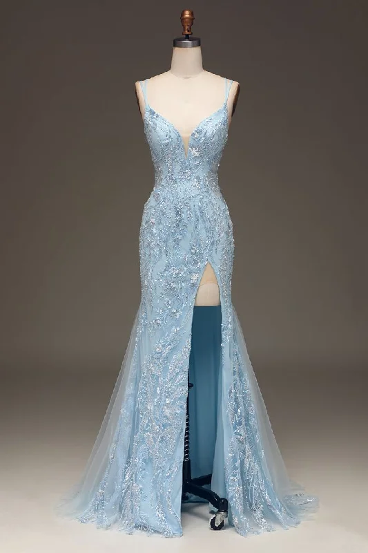 Midnight Madness stylish dressBlue Tulle Mermaid Prom Dress with Sequins Y6701