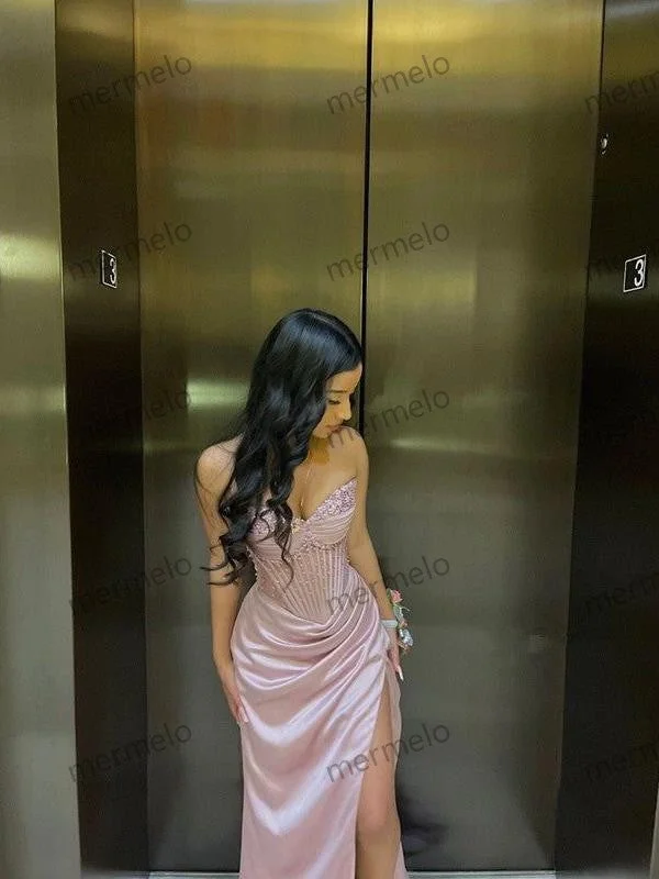 elegant evening dressElegant Sheath Sweetheart Sequin Pink Satin Slit Prom Dresses Evening Dress