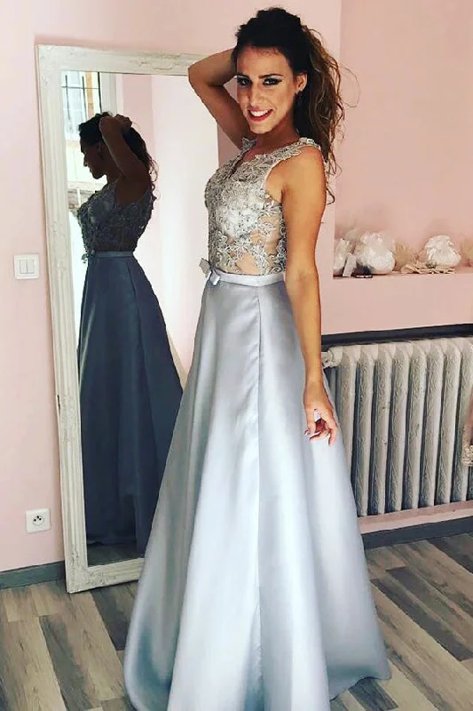 Quick Sale floral midi dressElegant A-Line Silver Long Prom Dress with Appliques
