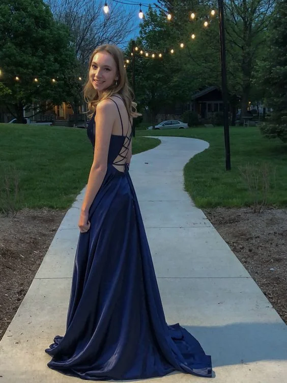 elegant shift dressA-line Backless Prom Dress,Navy Blue Graduation Dress  Y7449