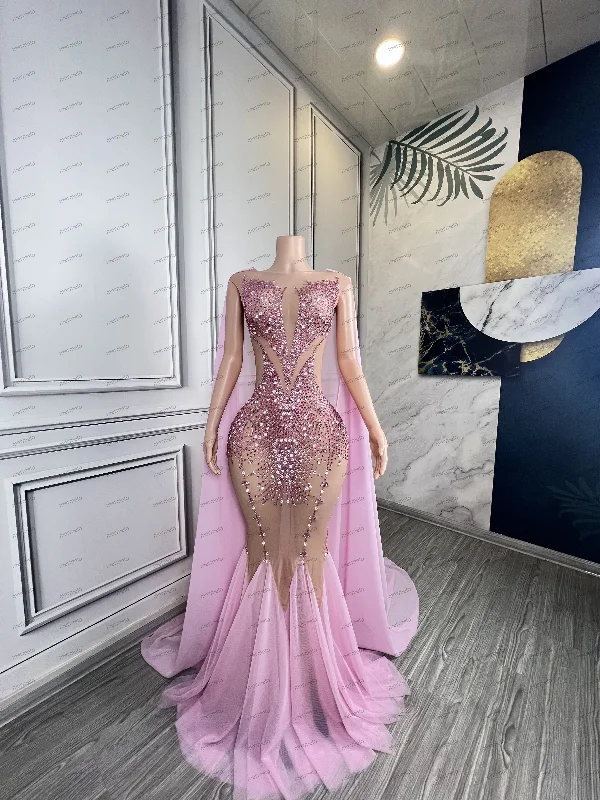 comfy maxi dressLuxury Sparkly Rhinestones Pink Mermaid Long Evening Dresses with Cape