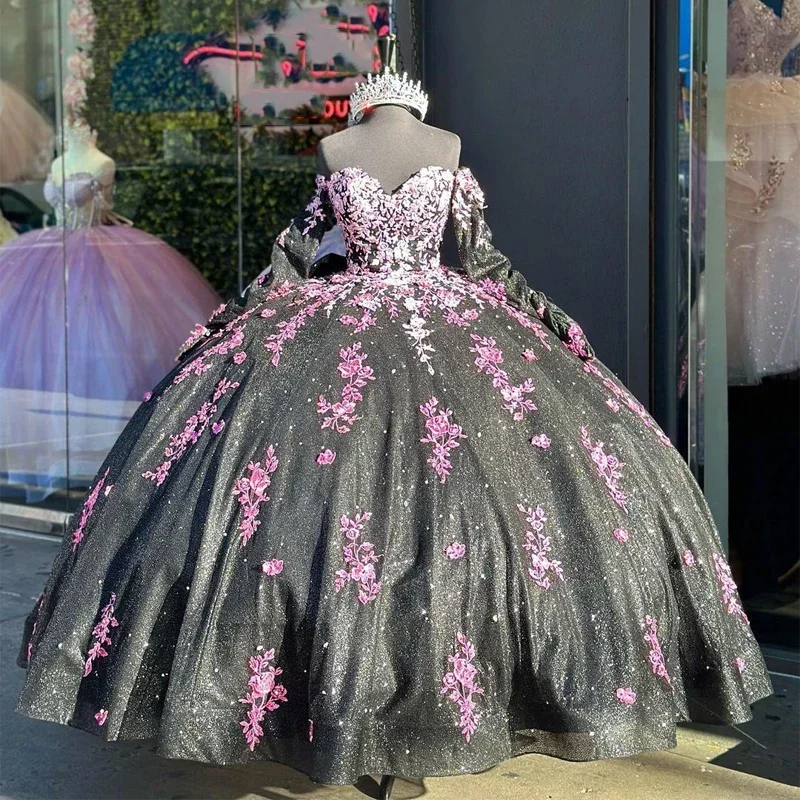 velvet dressBlack Bling Quinceanera Dresses Mexican Sweetheart Off-The-Shoulder Long sleeve Pink Applique Ball Gowns A-Line Puffy Vestidos