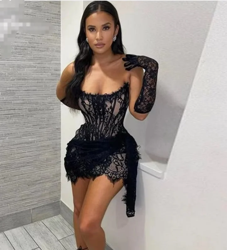 backless dressSexy Mini Strapless Prom Dresses Sleeveless Short Plus Size Black Lace Vestido De Festa Tule Corset Back Dubai Evening Dress