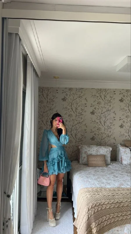 Price Reduction pleated dressSexy Long Sleeves Homecoming Dress, A-line Cocktail Dress Y6981