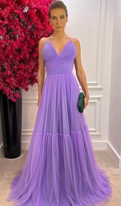 Extra Discounts comfy dressA-line V Neck Purple Tulle Prom Dress,Purple Evening Dress Y6168