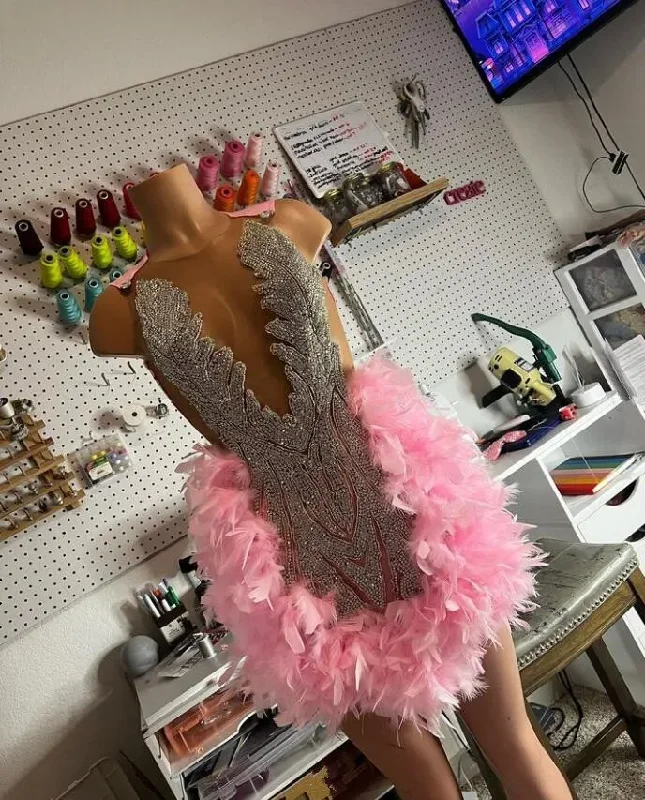 Super Savings flowy maxi dressPink Ostrich Feather Short Prom Homecoming Dresses Luxury Diamond Crystal Birthday Party Gown vestidos para mujer 2024