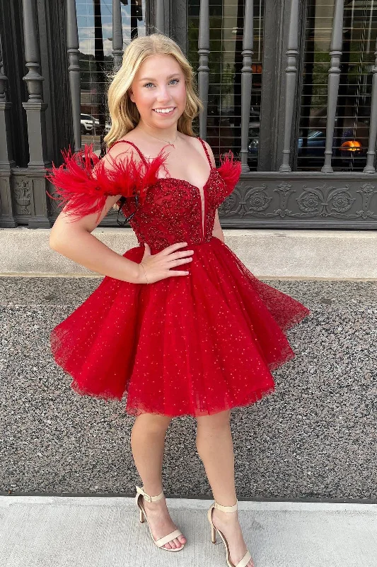 tiered dressFeather Off the Shoulder Red Beaded Homecoming Dress