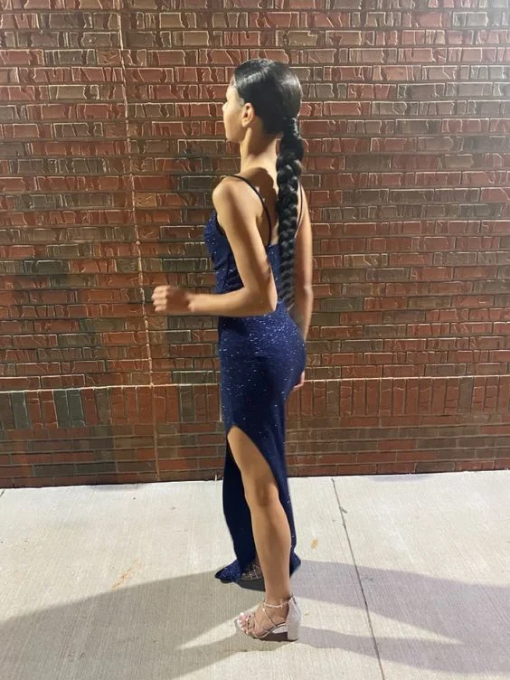 Early Bird Discount chic shift dressShiny Navy Blue Sheath Evening Dress,Navy Blue Evening Gown  Y6359