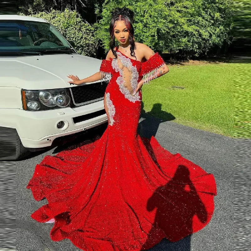 romantic dressStunning Sequined Prom Dresses long Appliques Tassels Sexy One Shoulder Mermaid Evening Gowns Red Wedding Reception Dress