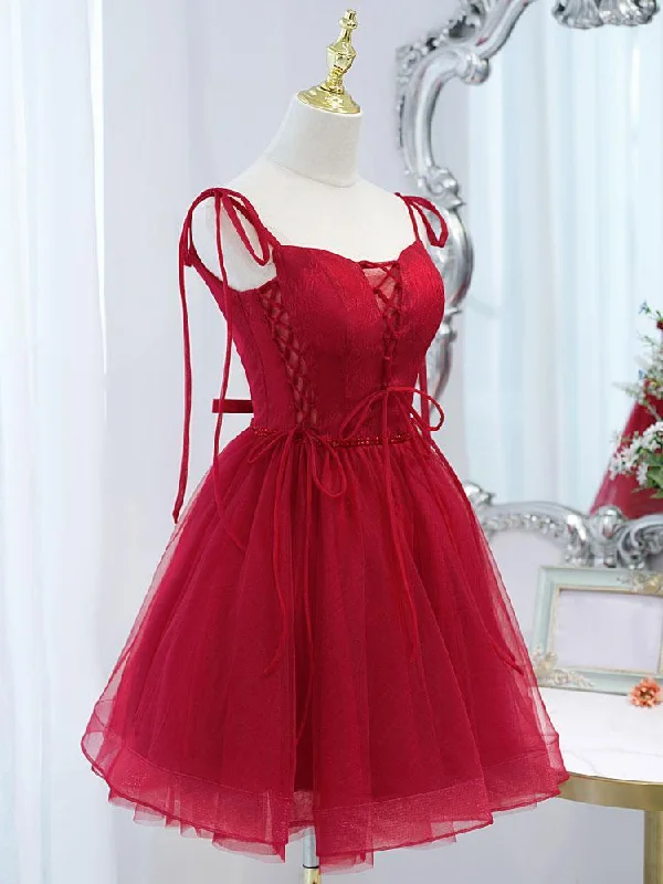 chic shift dressBurgundy tulle lace short prom dress, burgundy homecoming dress