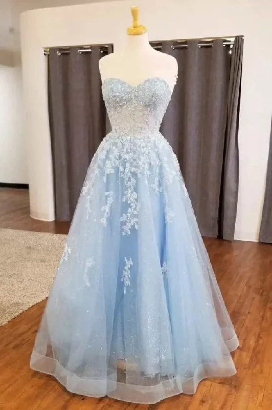 silk dressLight Blue Appliques Sweetheart A-Line Prom Dress