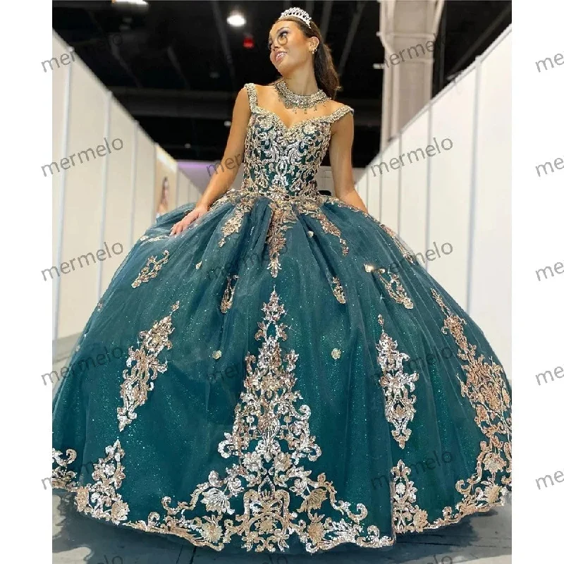 Best Seller shift dressGlittering Quinceanera Dresses Gold Lace Appliques