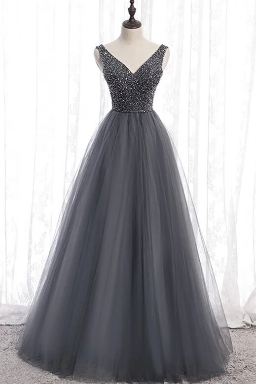 Super Bargain casual dressClassic A-line Grey Tulle Long Formal Dress