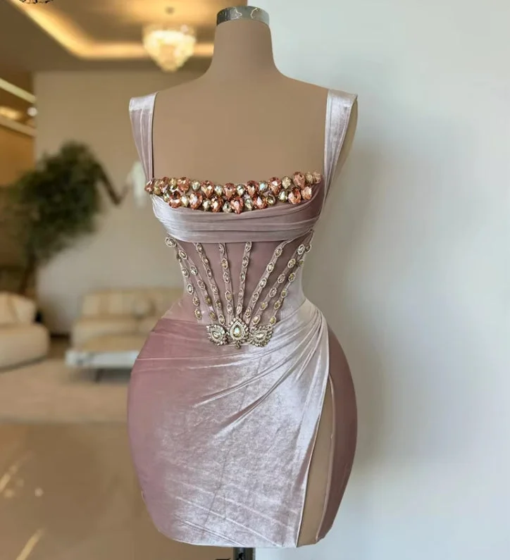 modern dressVelvet Pink Rhinestones Corset Short Cocktail Dress Spaghetti Straps Sleeveless Crystal Mini Prom Birthday Party Homecoming Robe