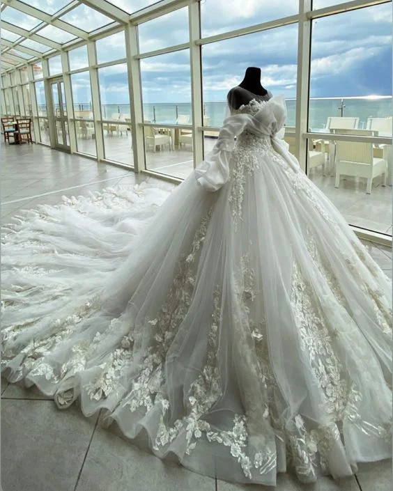 Early Access casual shift dressLuxurious White Wedding Dress With Trail,White Bridal Dress Y6769
