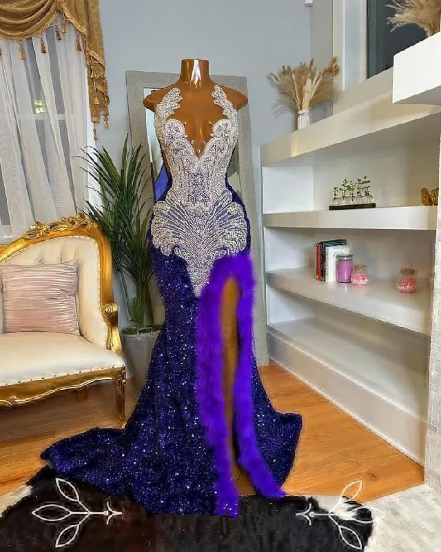 backless dressAmerican Girl in Royal Purple Evening Formal Dress for Women Silver Diamond Velvet Long Slit Mermaid Prom Queen Gown Feather