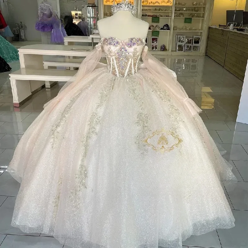 spaghetti strap dressChampange Quinceanera Dresses Ball Gown Off The Shoulder Appliques Crystals Sweet 16 Dresses 15 Años Mexican