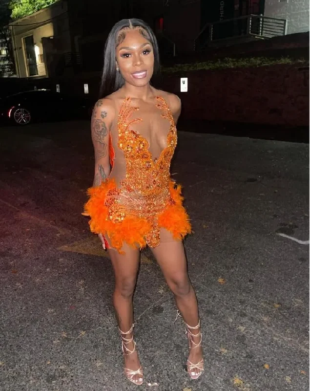 playful dressOrange Sparkly Short Prom Homecoming Dresses for Black Girl 2024 Sheer Mesh Luxury Diamond Feather Evening Birthday Gala Gown