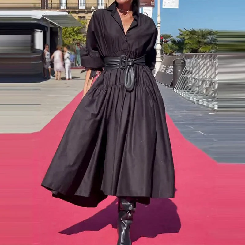 Exclusive Savings pleated maxi dressSolid Color Pleated Design Puff Sleeve Shirt Large Swing Dress Female Exclusive Savings pleated maxi dressSolid Color Pleated Design Puff Sleeve Shirt Large Swing Dress Female