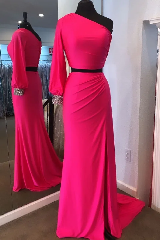 oversized dressTwo Piece Neon Pink One Sleeve Formal Dress