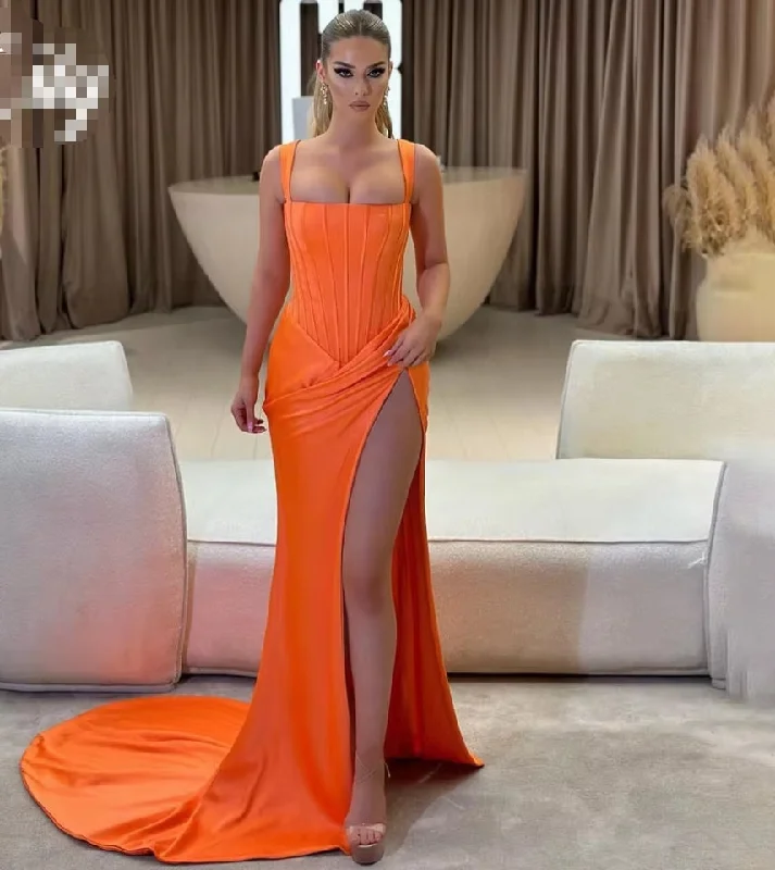 sleek midi dressOrange Chic Woman Evening Dress Gown Mermaid Sexy Pleats Square Collar Night Dresses Gown With Split Custom robes de soirée