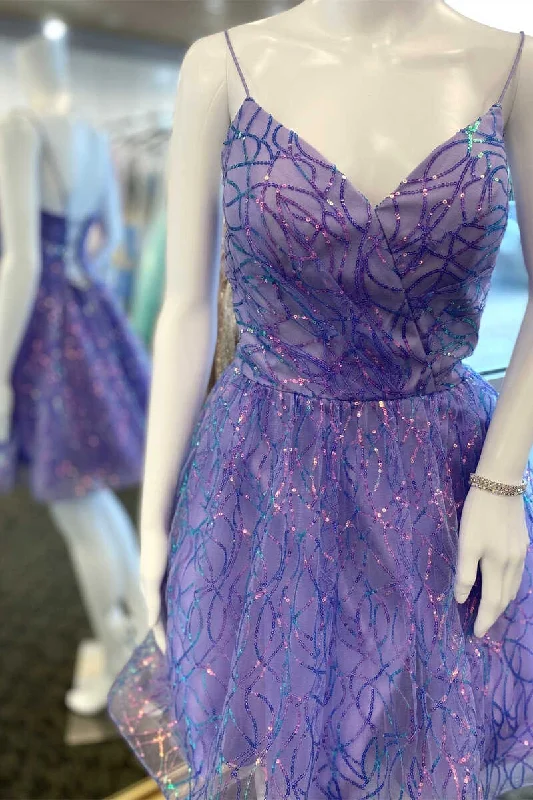 sleeveless dressGlittery Lavender Lace-Up A-Line Mini Homecoming Dress