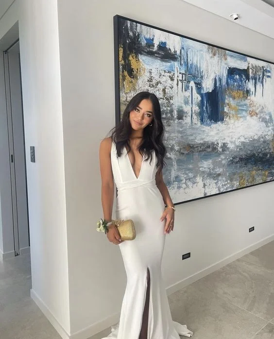 Can't Be Beat casual knit dressElegant White V Neck Prom Dress With Front Split Y7202 Can't Be Beat casual knit dressElegant White V Neck Prom Dress With Front Split Y7202