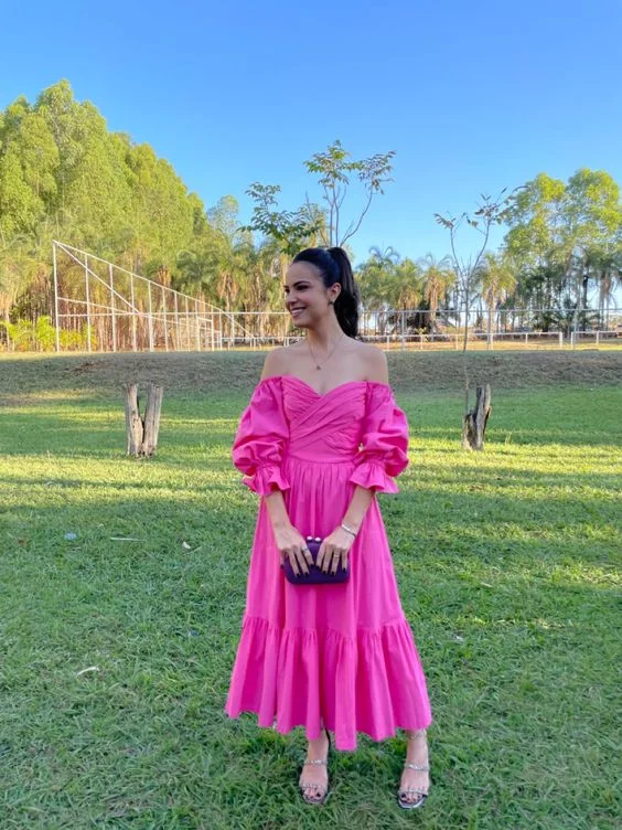 Year-End Clearance denim dressElegant Pink A-line Prom Dress,Pink Party Gown Y7098