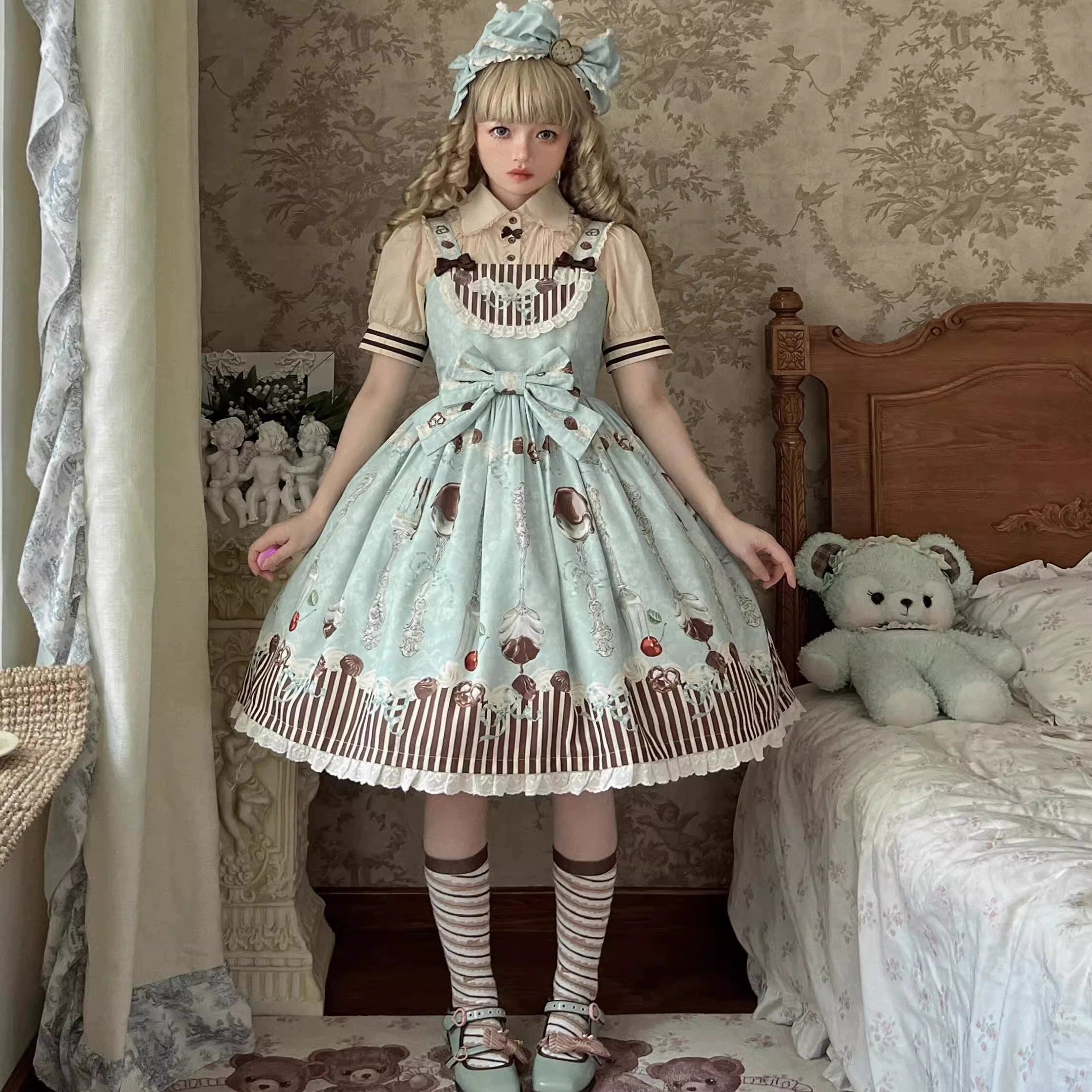 floral midi dressSweet Dream Sheep~Sweet Dessert~Green Lolita Jumper Dress Lolita Headwear