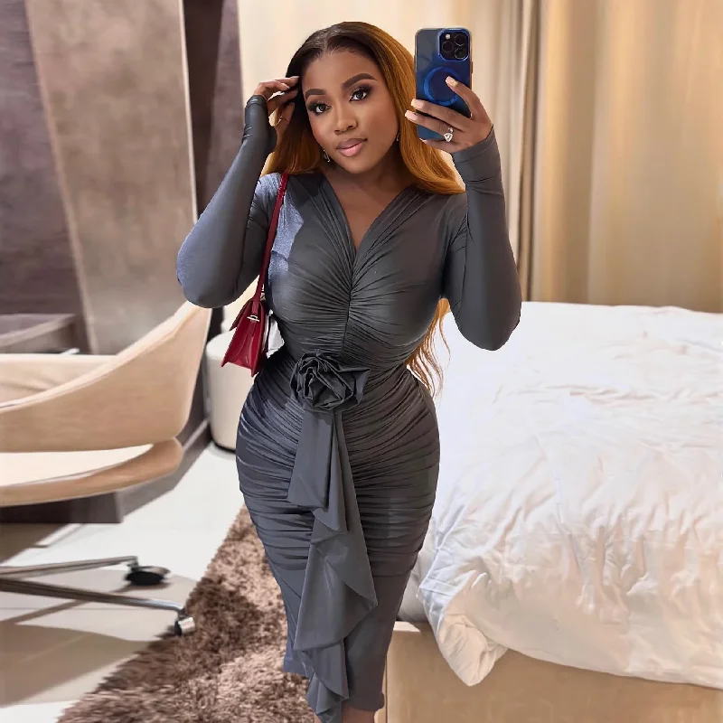 Don’t Miss Out playful dressElegant Gray Stretch Taffeta Midi Prom Dresses Sexy Sheath Pleated Tea Length Formal Occasion Dress Black Girls Evening Gowns
