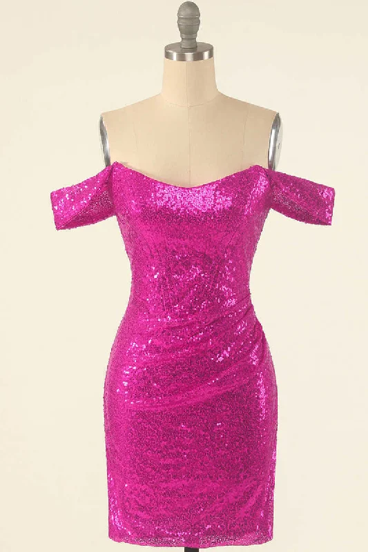 off-shoulder dressNeon Pink Sequins Off-the-Shoulder Mini Homecoming Dress