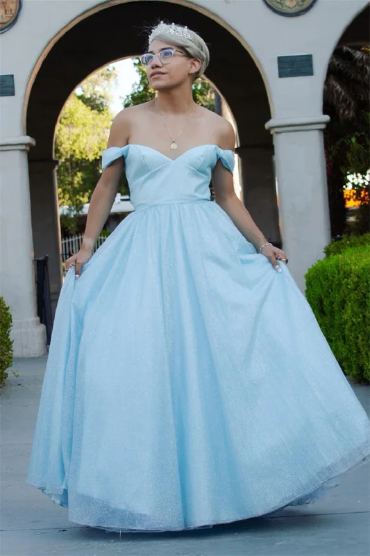 party dressLight Blue Tulle A-line Off-Shoulder Lace-Up Back Long Prom Dress