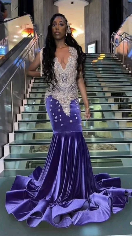 velvet dressPurple and silver prom dress for black girl,sexy evening dress Y1710