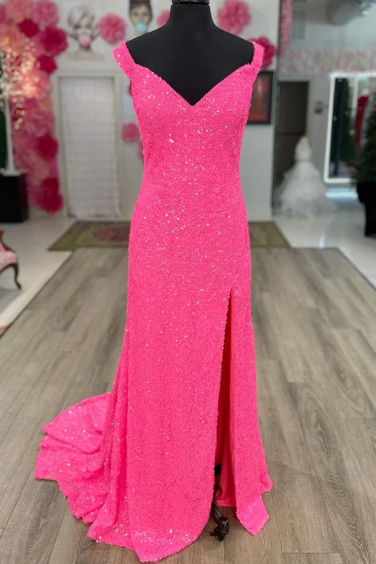 winter dressModest Hot Pink Sequin Mermaid Side Slit Formal Dress