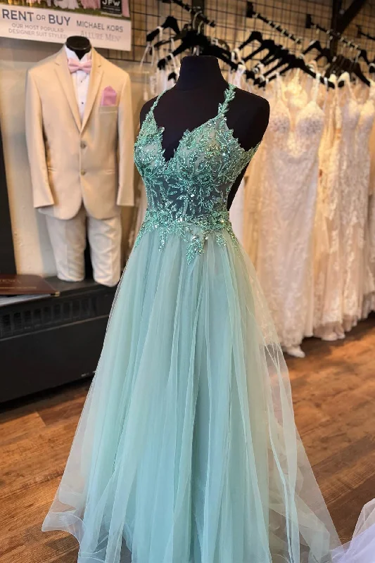 oversized dressDusty Sage Flower Straps Beaded V Neck Long Prom Dress