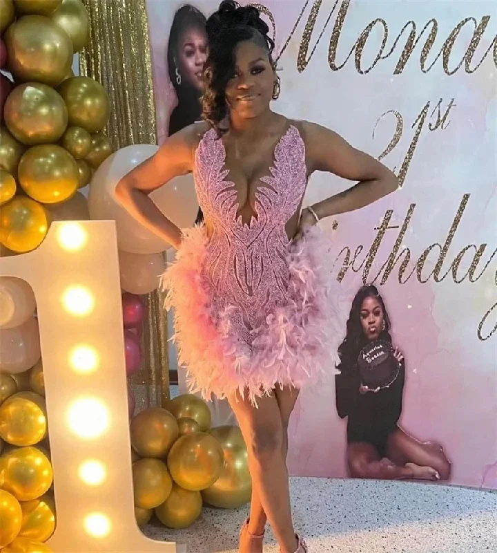 cocktail dressPink Diamond Feather Short Prom Dresses Black Girls Sexy Birthday Party Dress Beaded African Mini Cocktail Dresses Homecoming