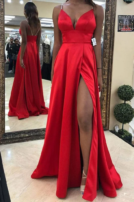 pleated maxi dressSplit-Front Empire Long Red Prom Dress,Red Evening Dress Y7076