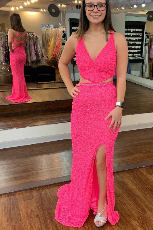 casual day dressGorgeous Hot Pink Sequin Mermaid Cutouts Long Prom Dress