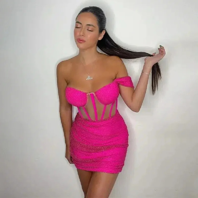 Bonus Savings floral midi dressSexy Cocktail Dress Hot Pink Off the Shoulder Sweetheart Luxury Cocktail Gowns for Women 2024 Sparkle Crystal Party Dresses Mini