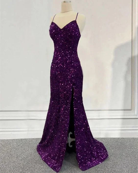 boho dressDark Purple Prom Dress Sequin Mermaid Formal Evening Dress Split Y7212