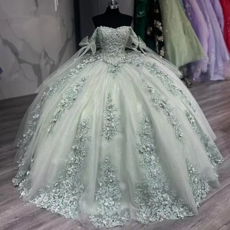 puff sleeve dressSparkling Sage Green Lace Up Ball Gown Quinceanera Dresses 2025 With Appliques Mexico Brithday Party Vestidos De 15 Quinceañera