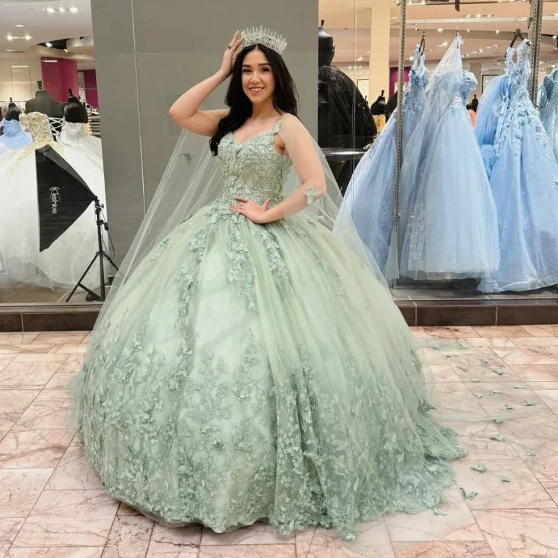 Instant Savings stylish party dressSage Green Luxury Quinceanera Dresses With Cloak Butterfly Lace Tull Birthday Party Prom Vestidos De 15 Anos Ball Gowns