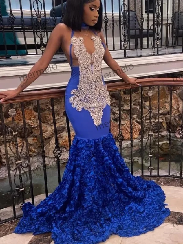 trendy wrap dressRoyal Blue Mermaid Prom Dress Flowers Train Silver Diamonds