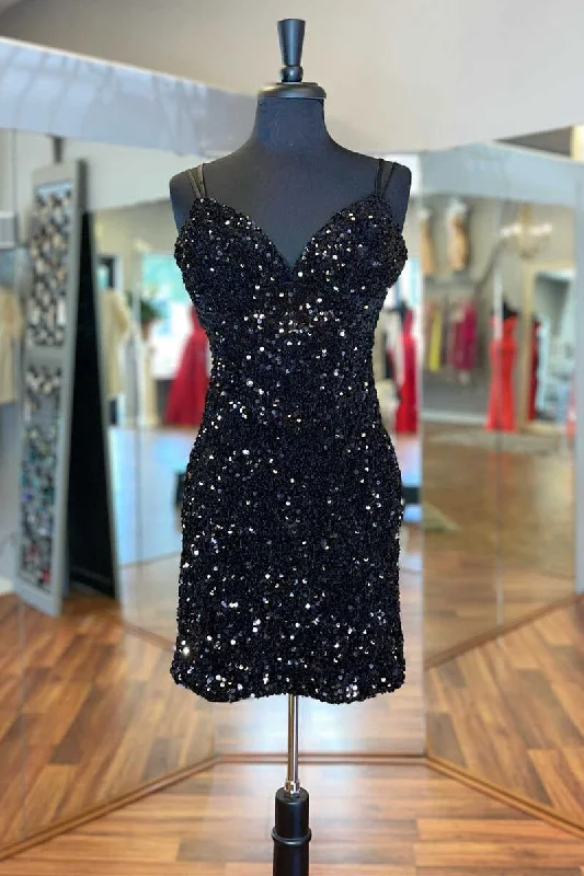 elegant maxi dressBlack Sequins V-Neck Backless Short Party Dress