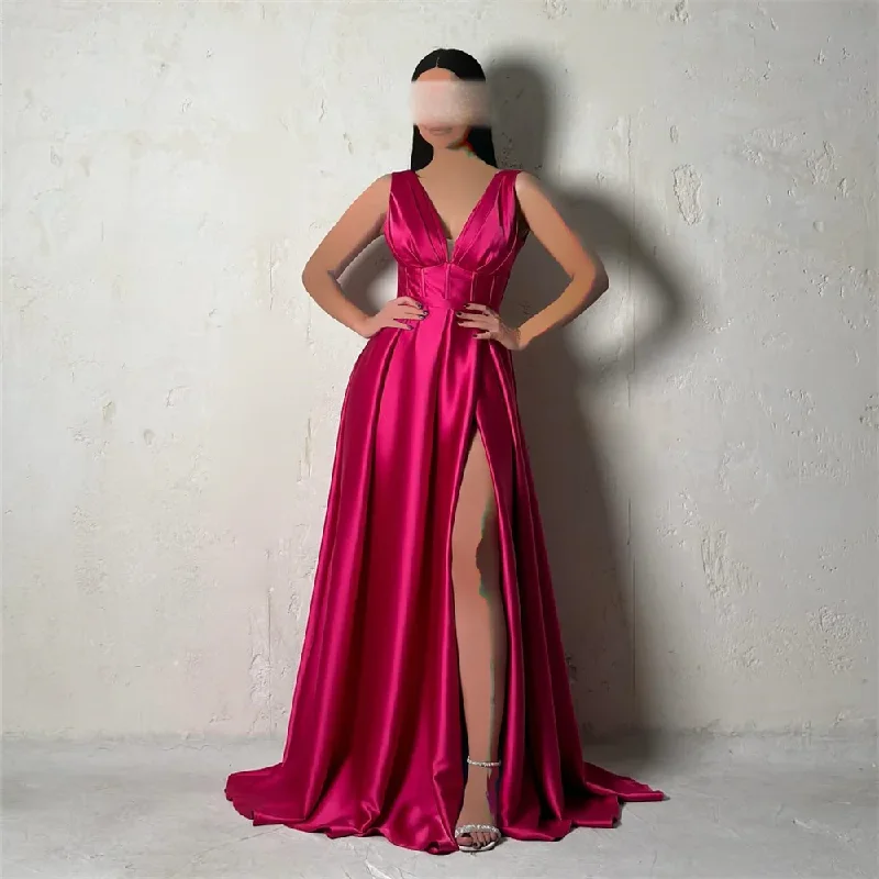 Buy Now wrap dressSimple Elegant Modern Floor-length Sleeveless Evening Dresses For Woman V-Neck Satin Prom Gowns Side Split A-Line Party Dress